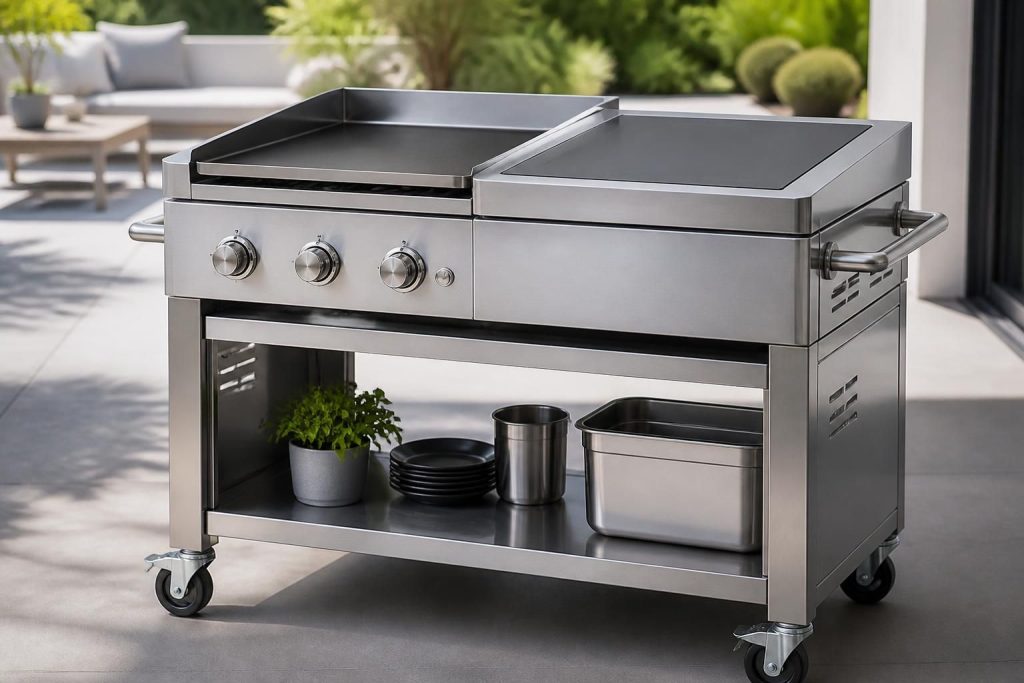découvrez notre plancha inox avec chariot, disponible en options gaz et électrique, pour une cuisson pratique et polyvalente en extérieur.